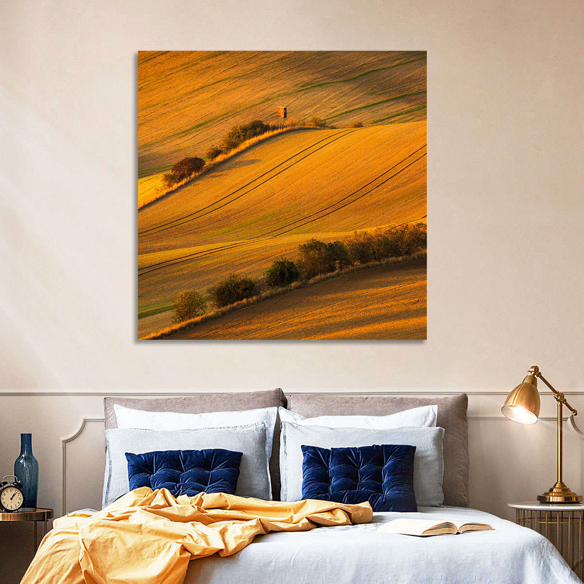 Golden Moravian Farm Tracks Wall Art in a room, square