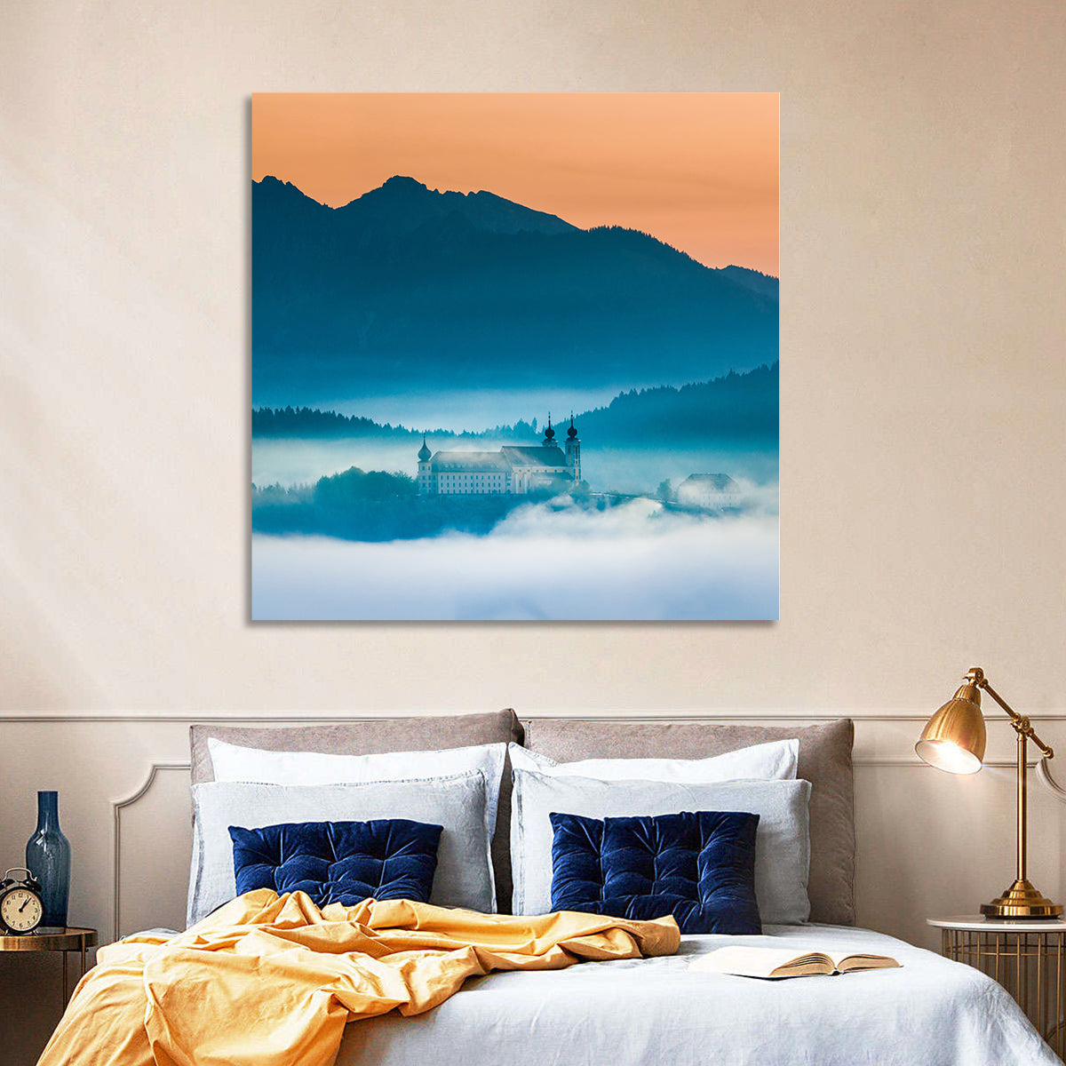 Benediktbeuern Abbey in Morning Fog Wall Art in a room, square