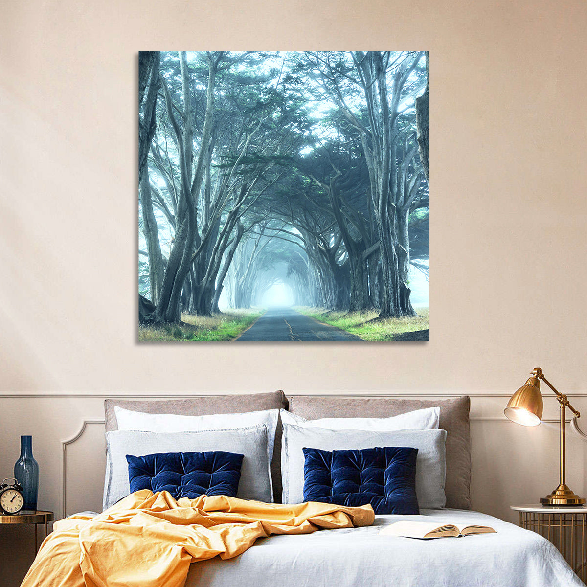 Foggy Cypress Tree Tunnel Wall Art in a room, square