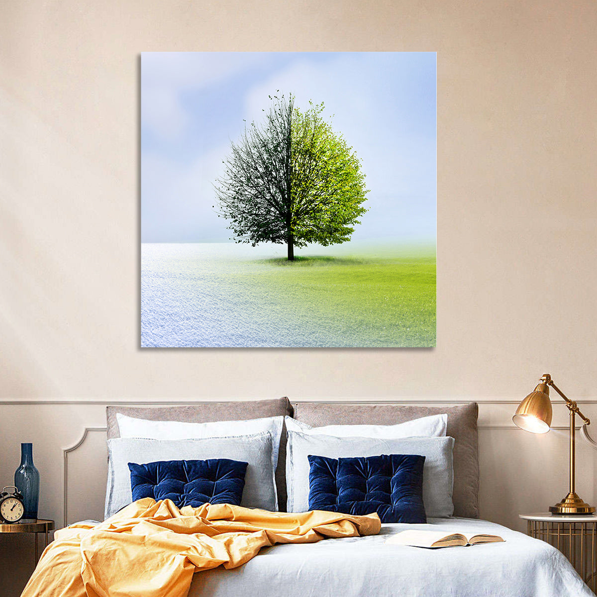 Winter to Spring Tree Wall Art in a room, square