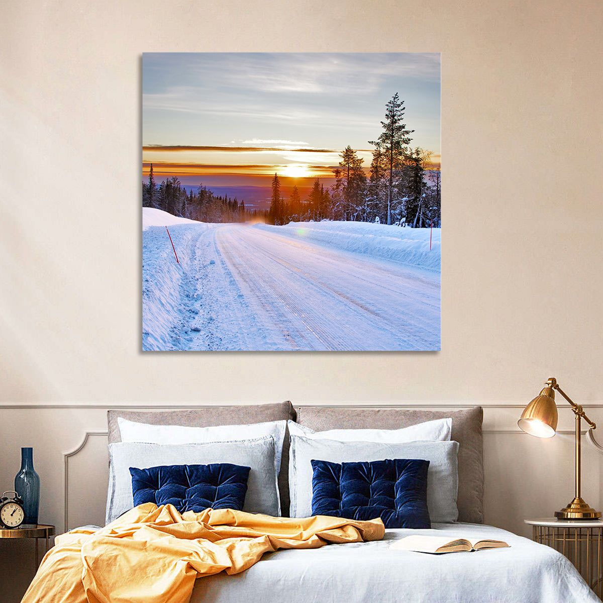 Snowy Road at Sunset Wall Art in a room, square
