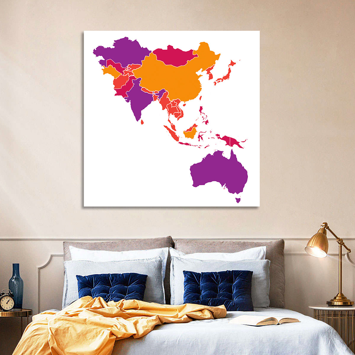 Stylized Asia Pacific Map Wall Art in a room, square