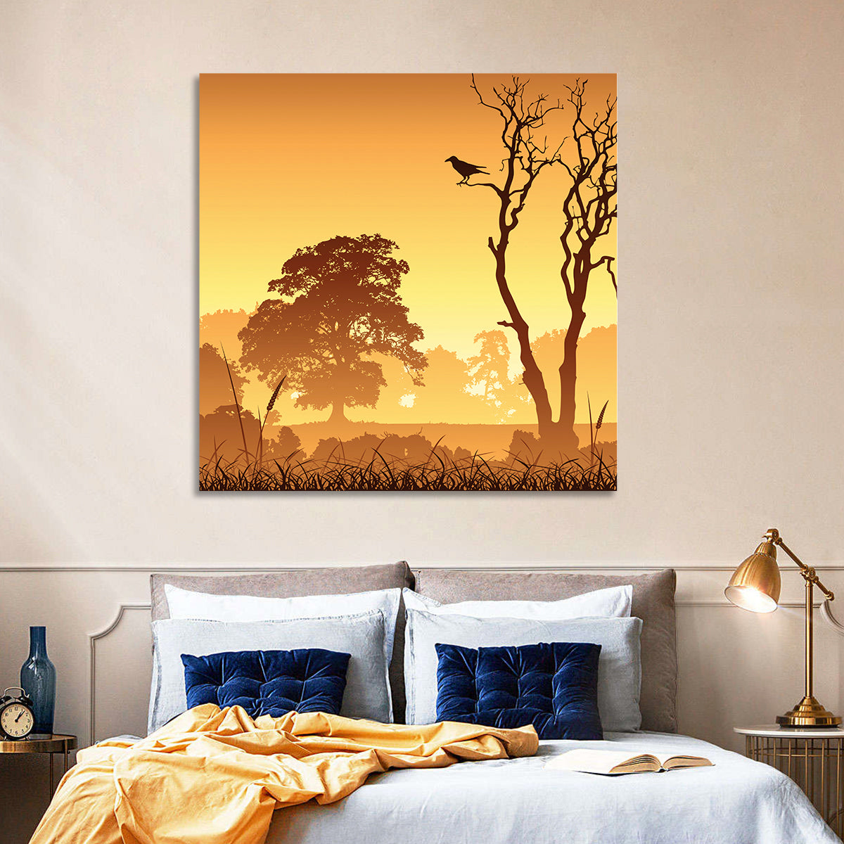Golden Mist Tree Silhouettes with Crow Wall Art