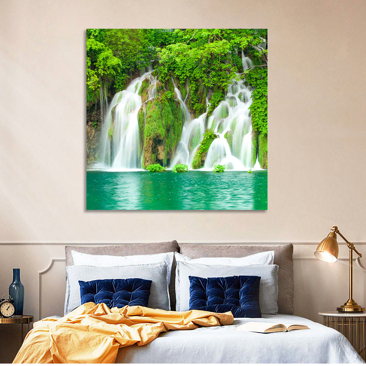 Plitvice Lakes Cascades Wall Art in a room, square