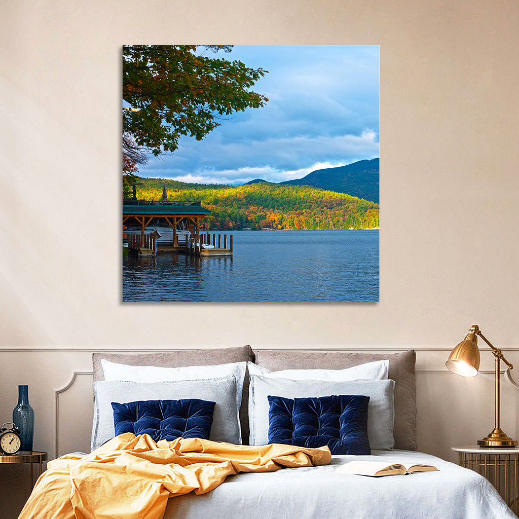 Lake George Boathouse in Autumn Wall Art