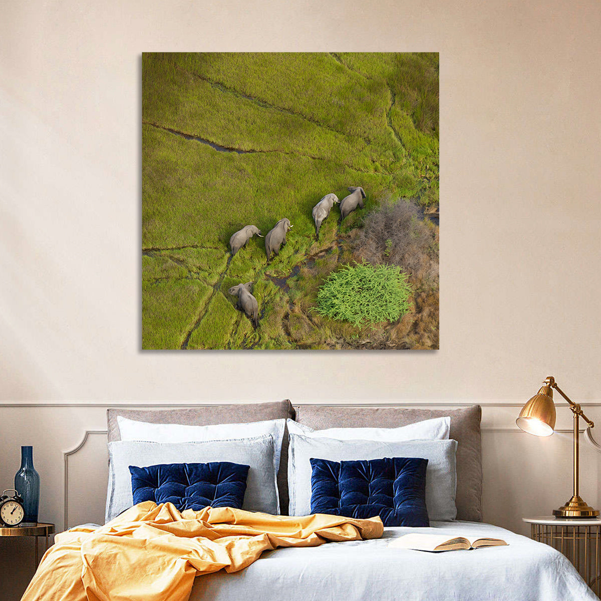Aerial Herd of Elephants Wall Art in a room, square