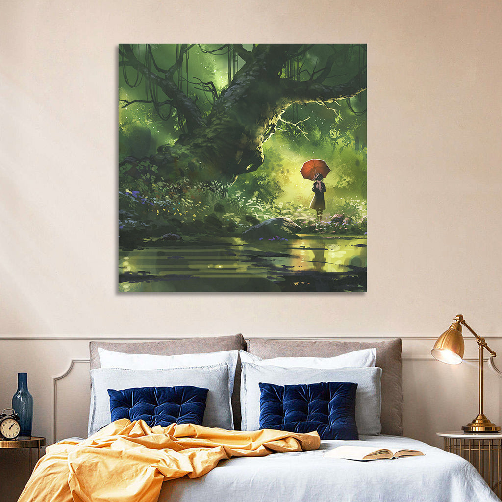 Girl with Umbrella in Mysterious Forest Wall Art