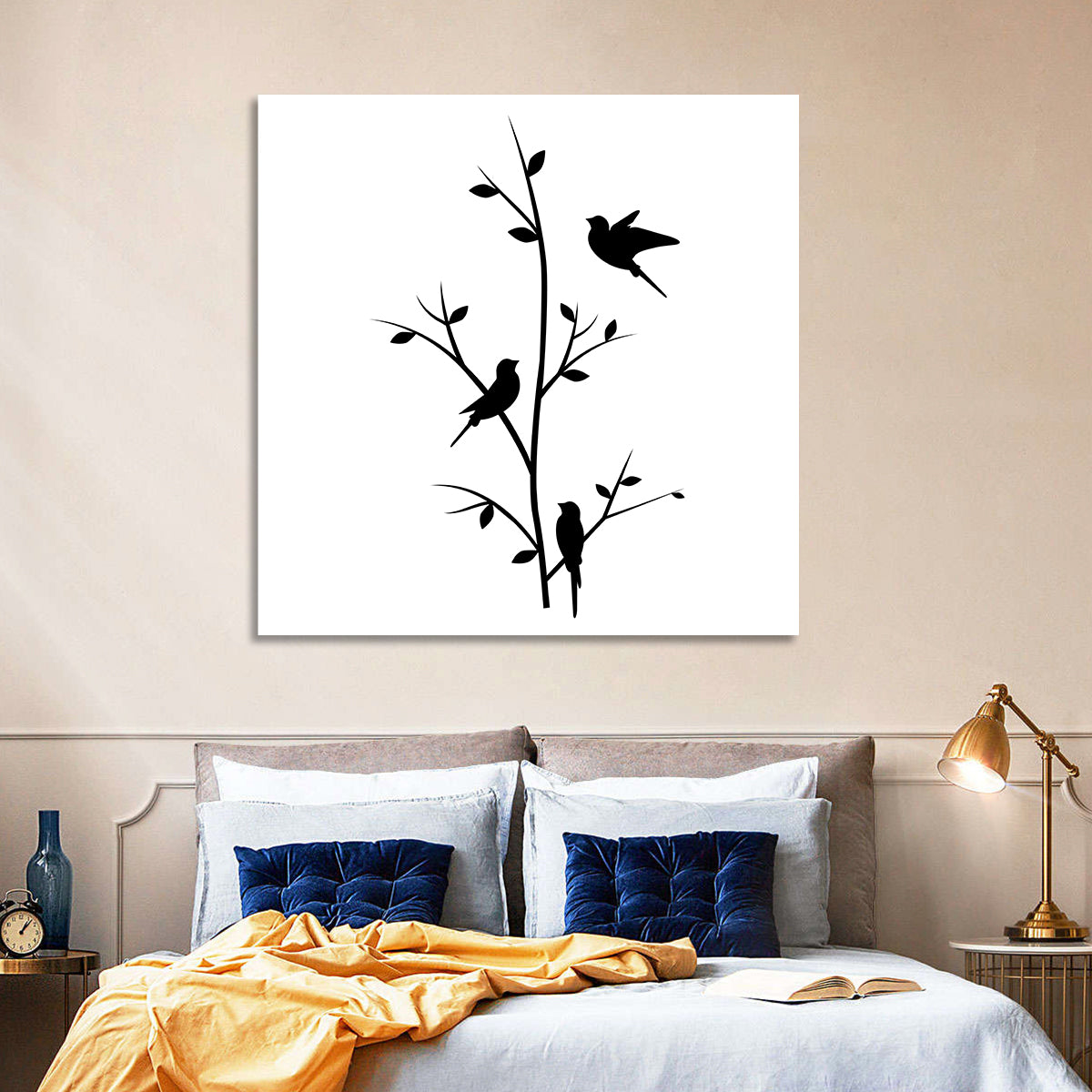 Three Birds on Branch Silhouette Wall Art in a room, square