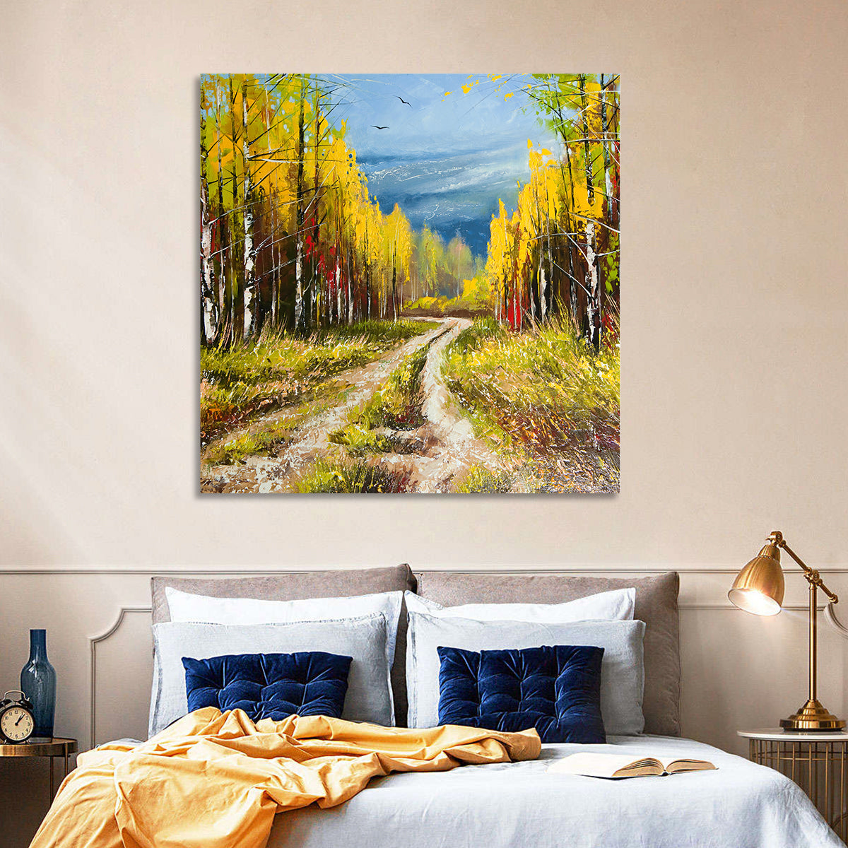 Autumn Birch Path with Two Birds Wall Art