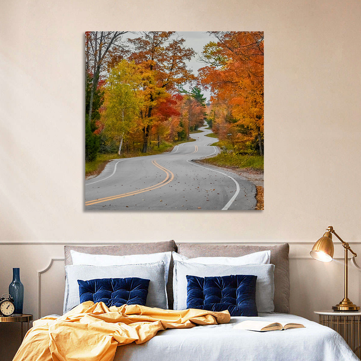 Winding Autumn Highway Wall Art in a room, square