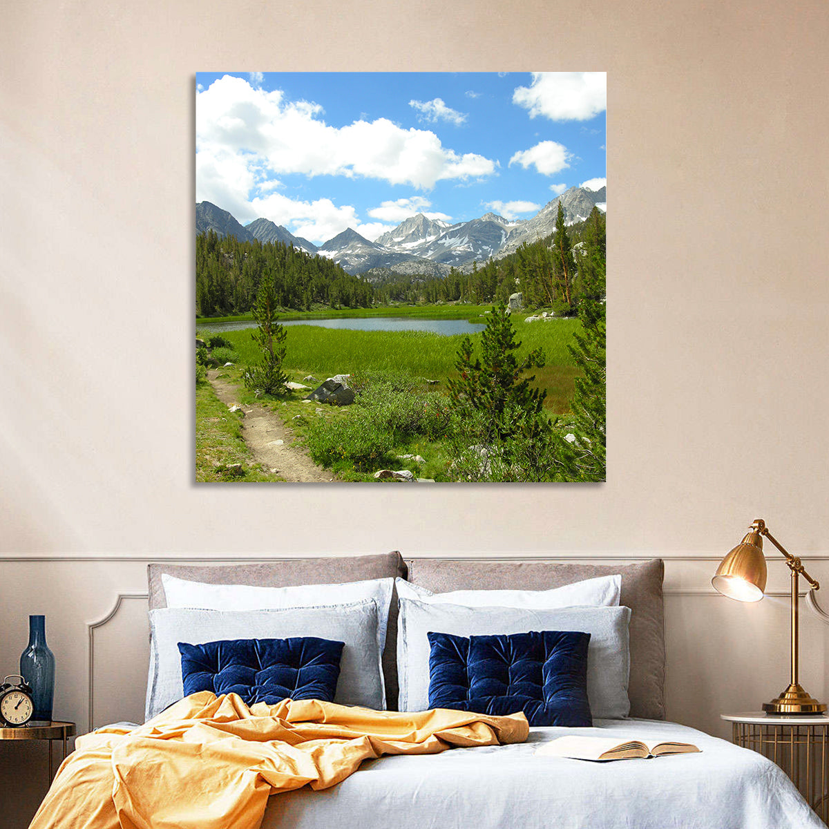 Sierra Nevada Trail to Snow Capped Peaks Wall Art in a room, square