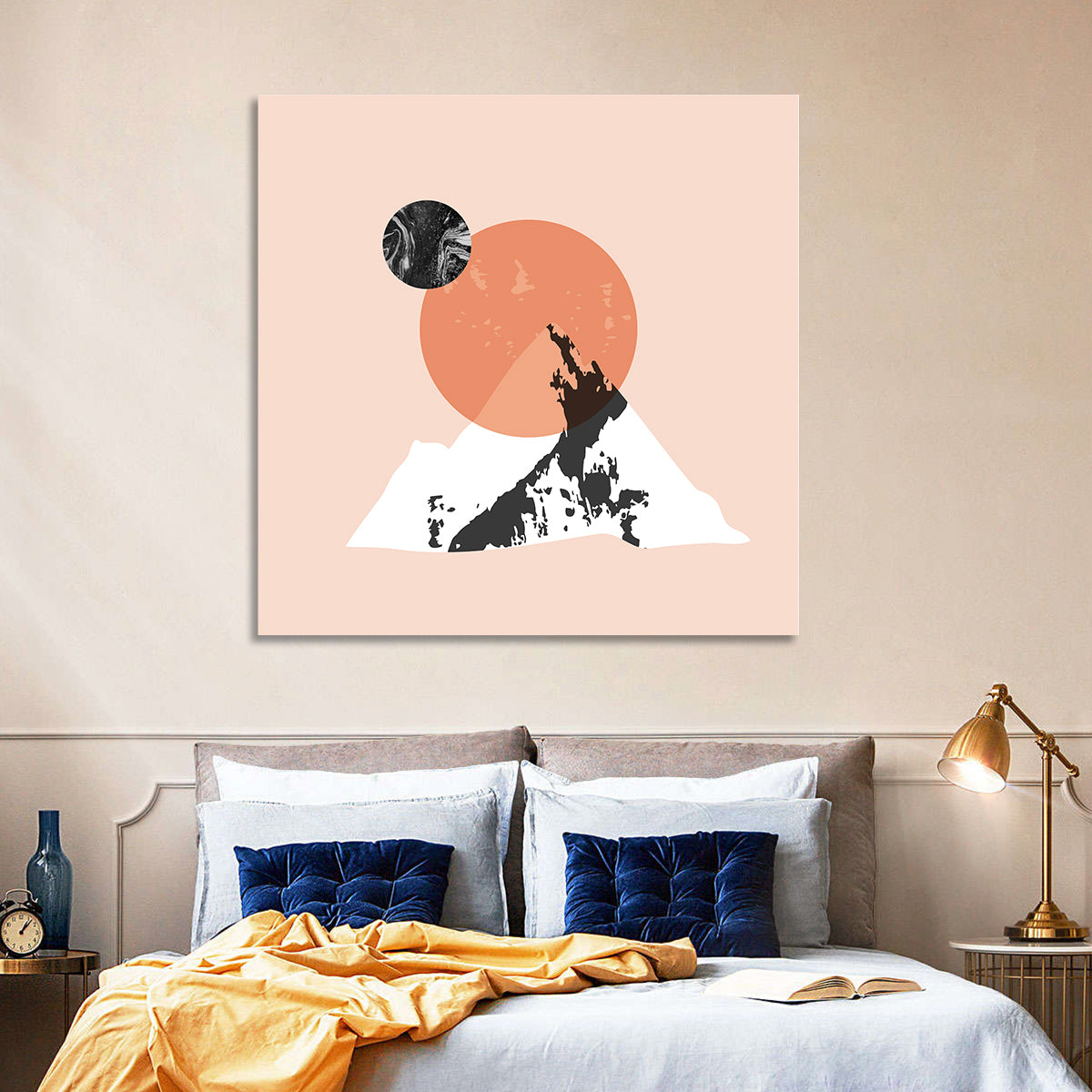 Abstract Mountain Sun and Moon Wall Art in a room, square