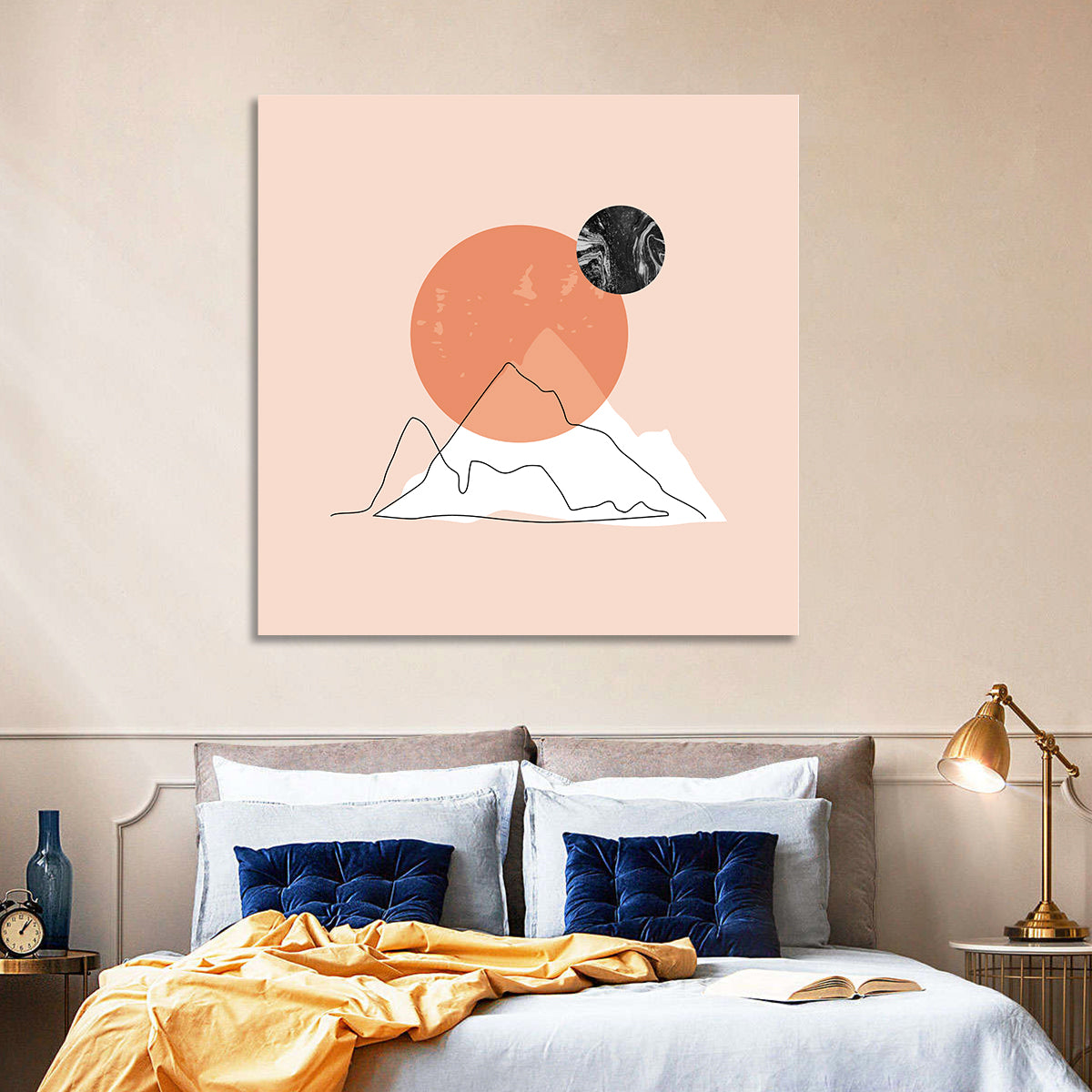 Mountain Peak and Sun Wall Art in a room, square