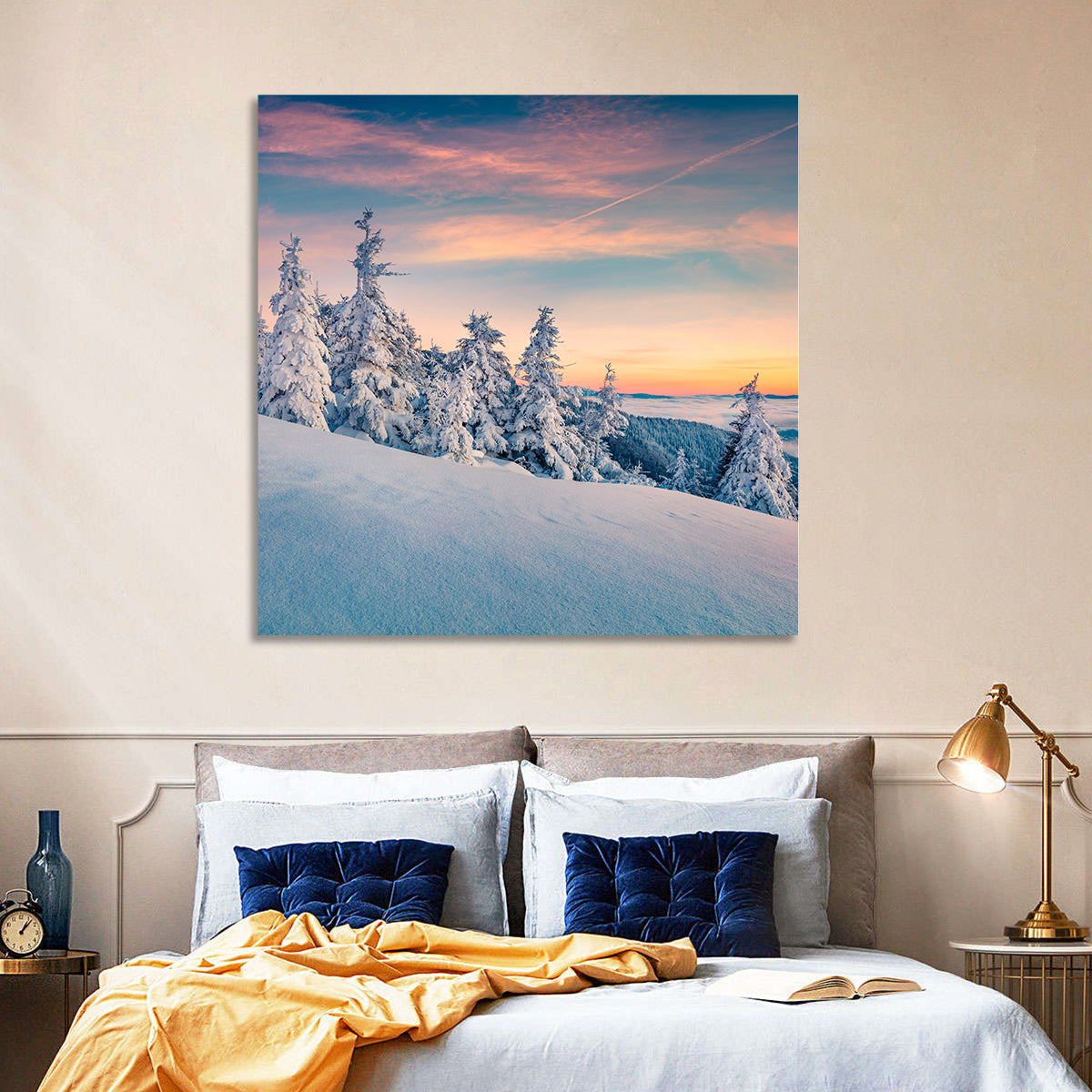 Snowy Carpathian Sunset Wall Art in a room, square