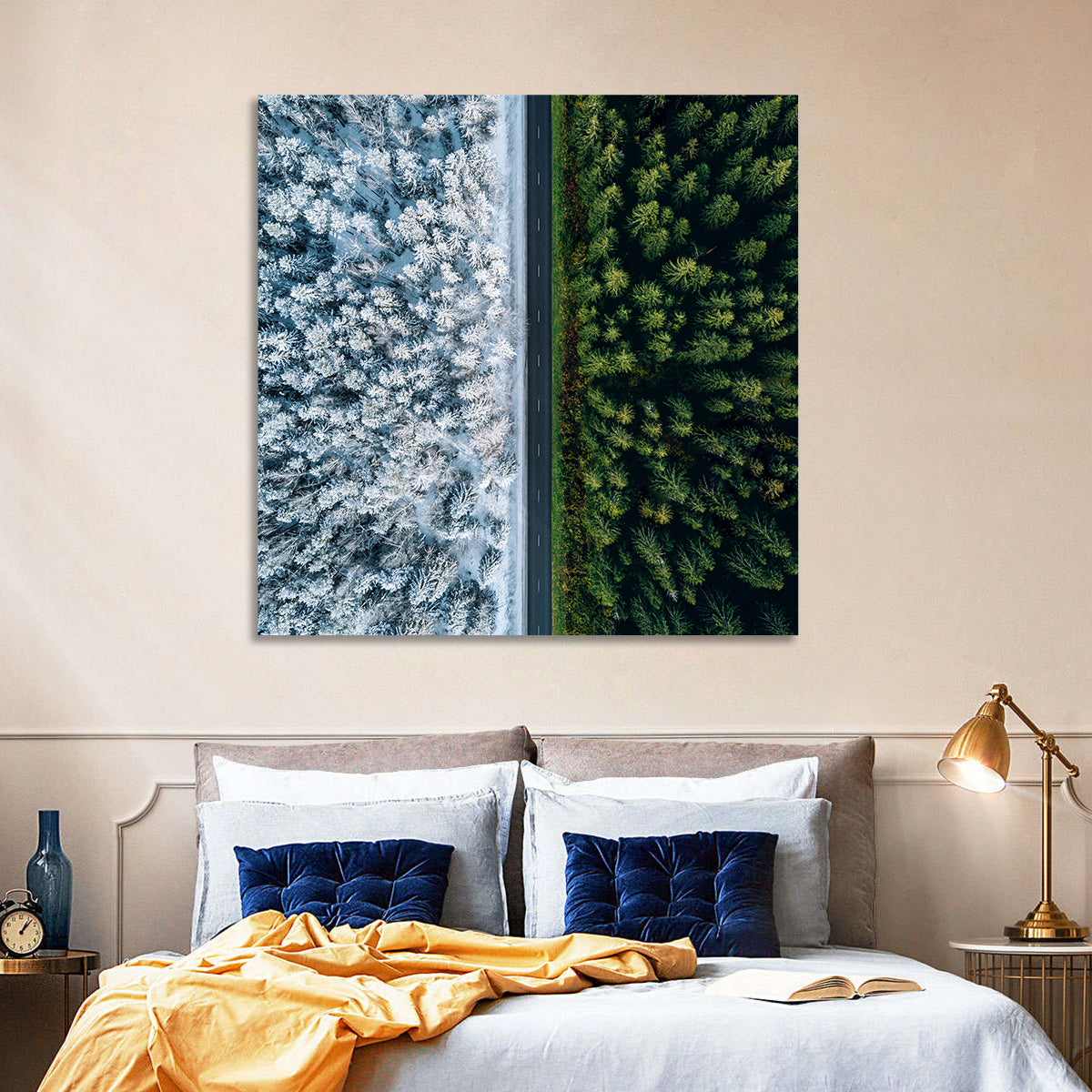 Summer and Winter Forests Wall Art in a room, square