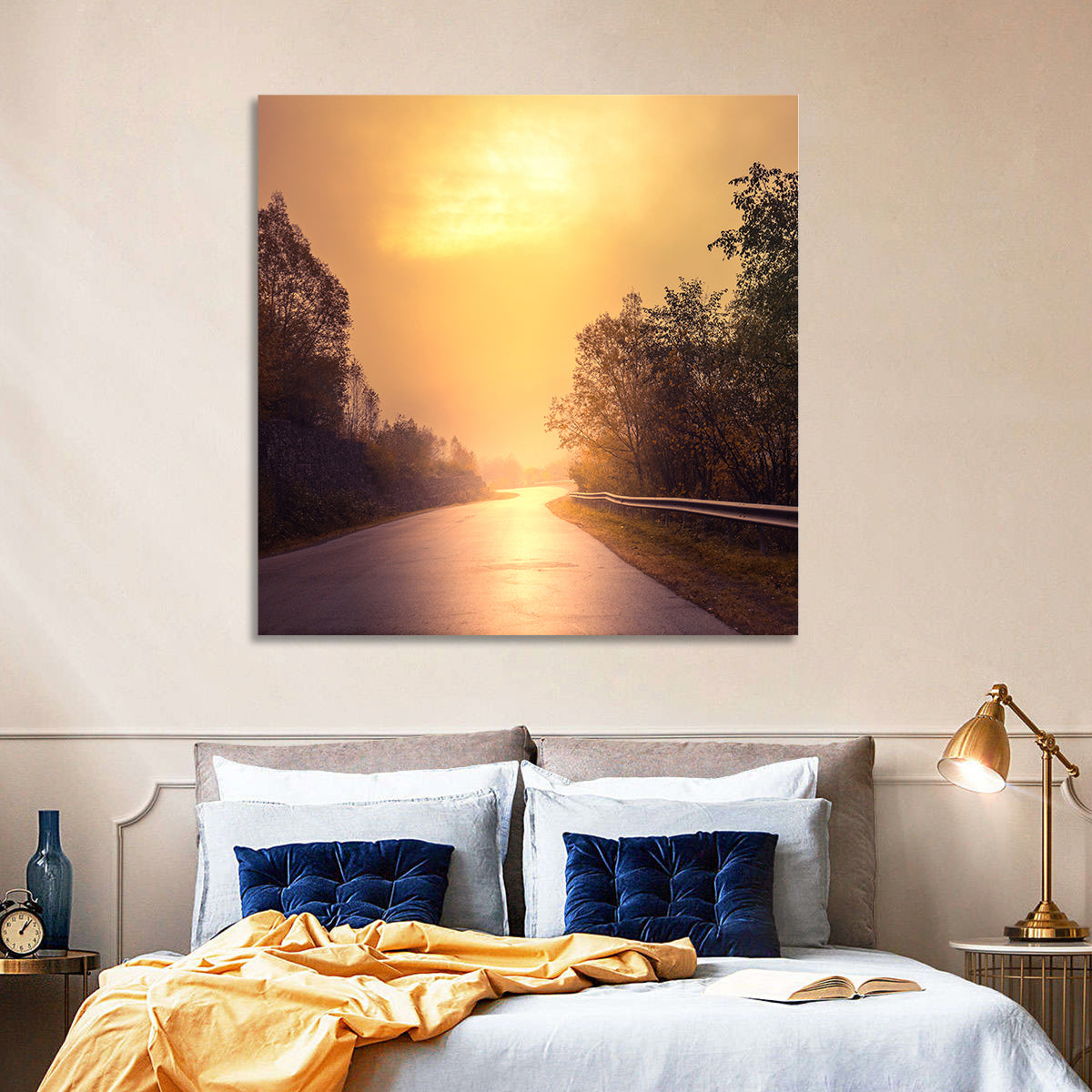 Windy Misty Forest Road Wall Art in a room, square