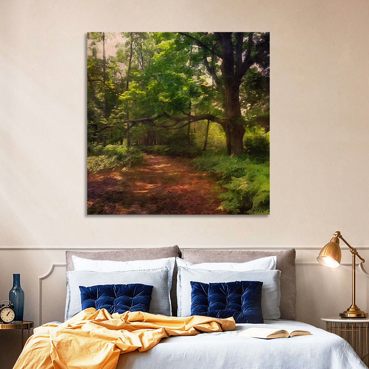 Sunlit Forest Trail Wall Art in a room, square