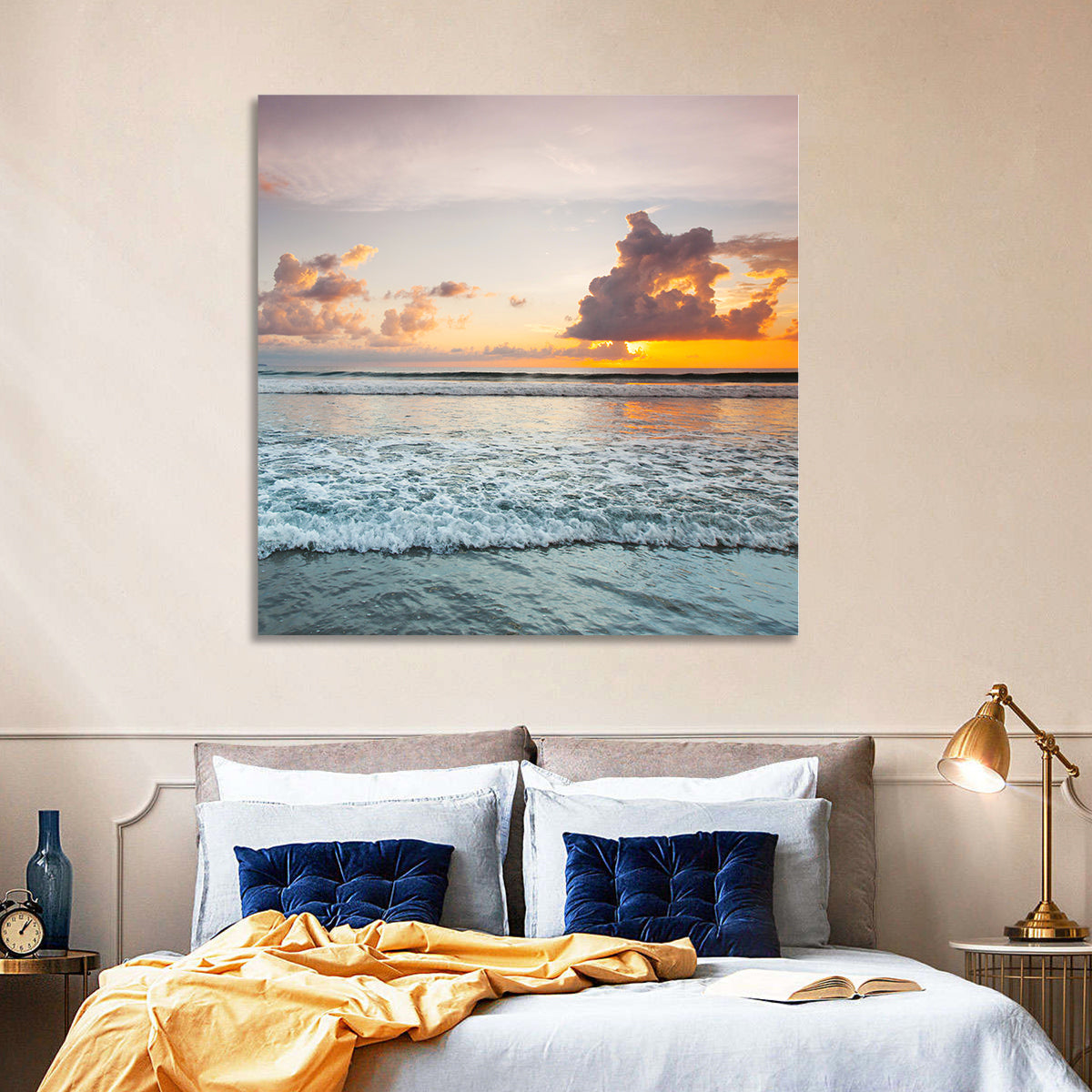 Golden Hour Beach Sunset Surf Wall Art in a room, square