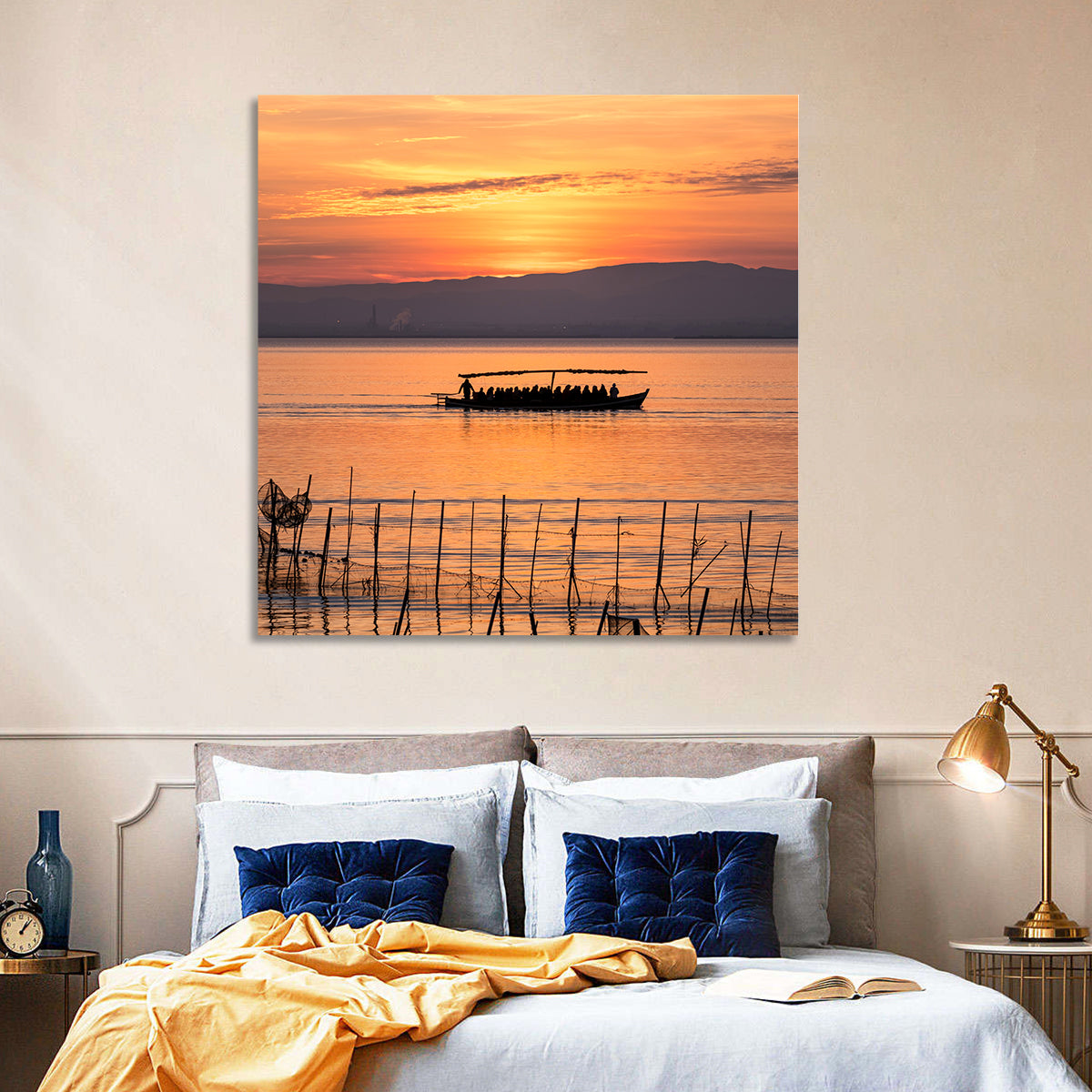 Albufera Sunrise Boat Silhouette Wall Art in a room, square