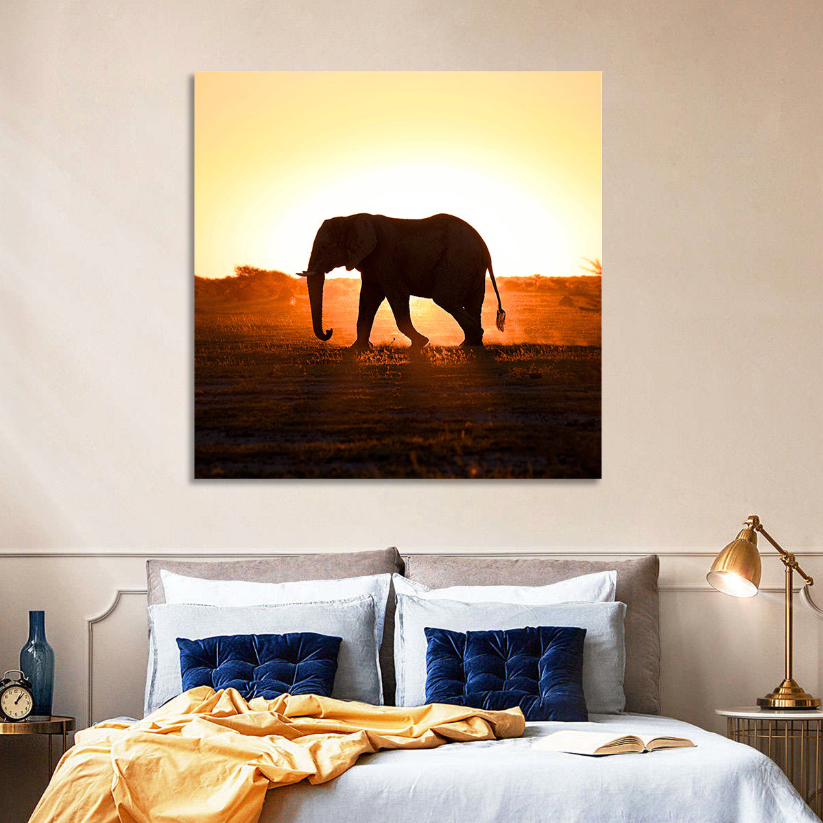 Golden Hour Elephant Silhouette Wall Art in a room, square
