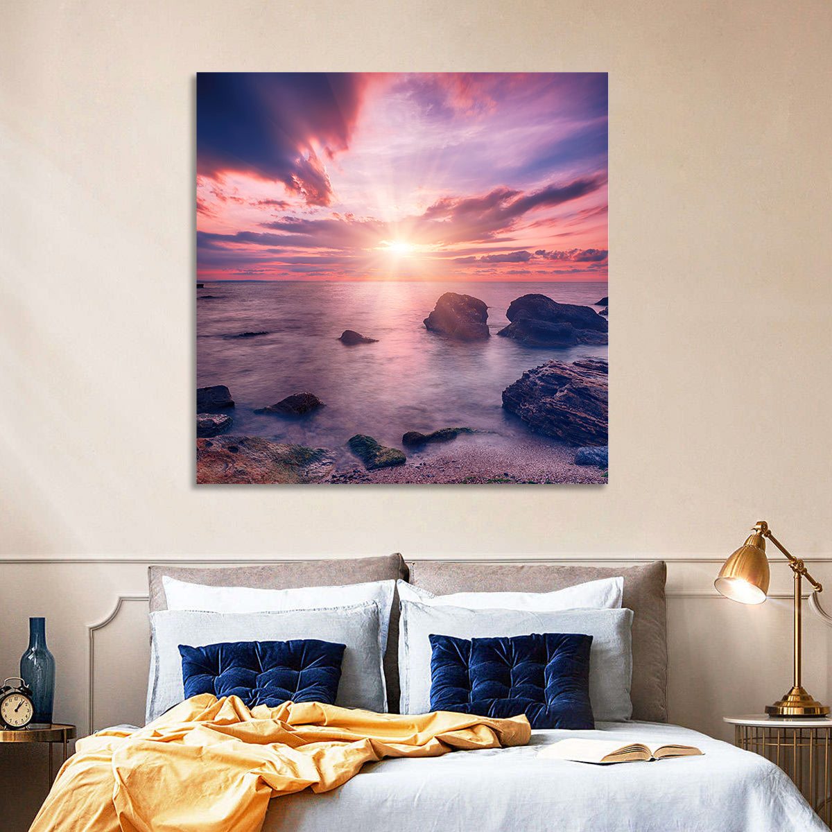 Ethereal Sea Sunrise Wall Art in a room, square