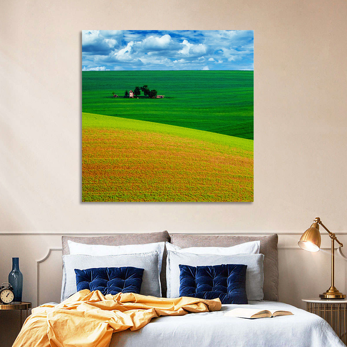 Golden Field and Green Hillside Wall Art in a room, square