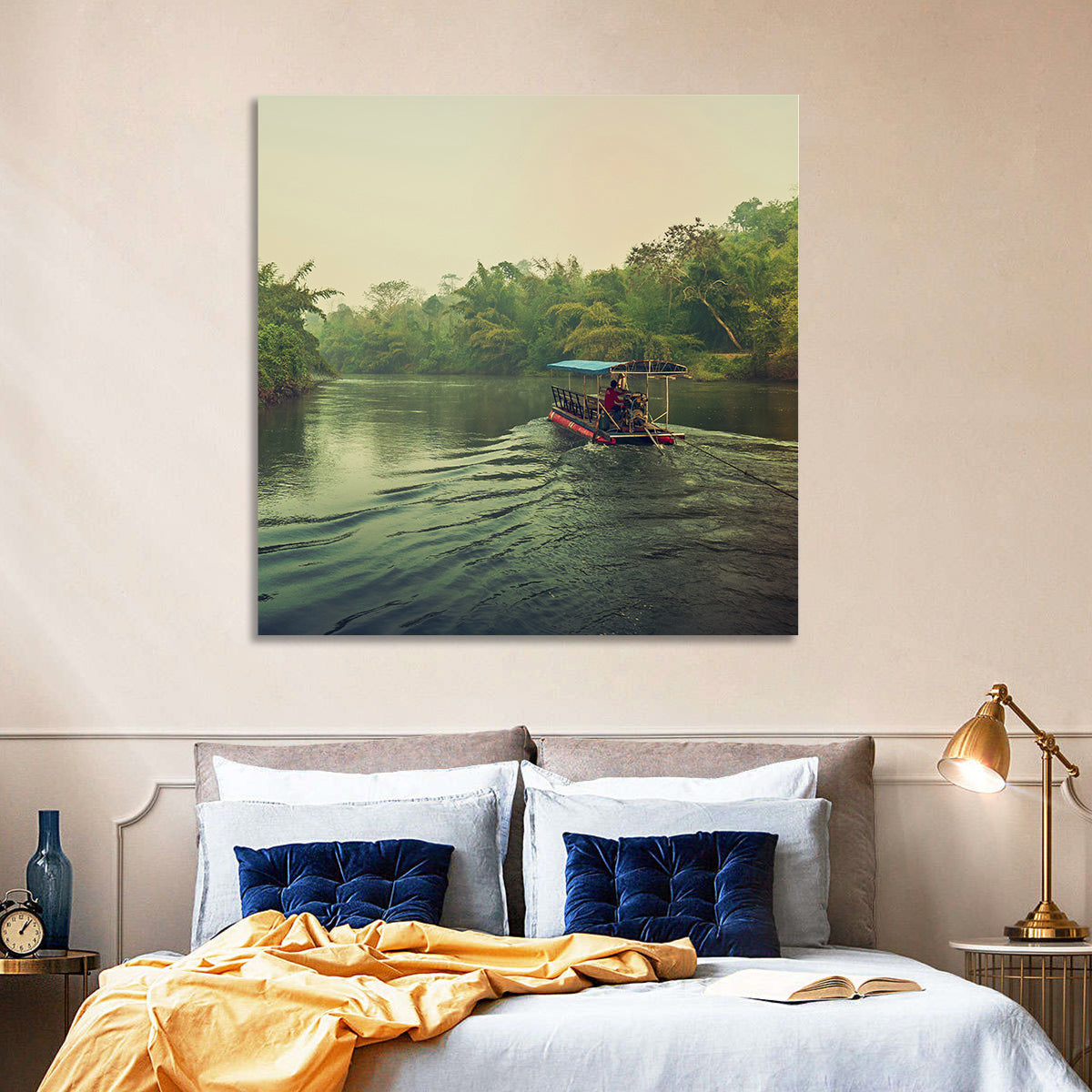 Misty Long-tail Boat on River Kwai Wall Art in a room, square