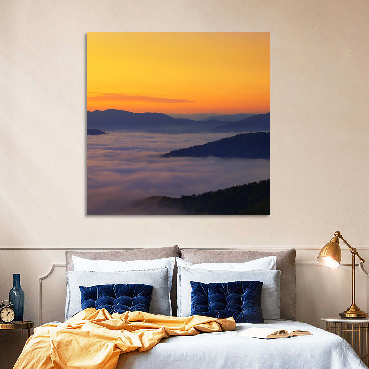 Cloud Sea Over Mountains at Golden Dawn Wall Art in a room, square
