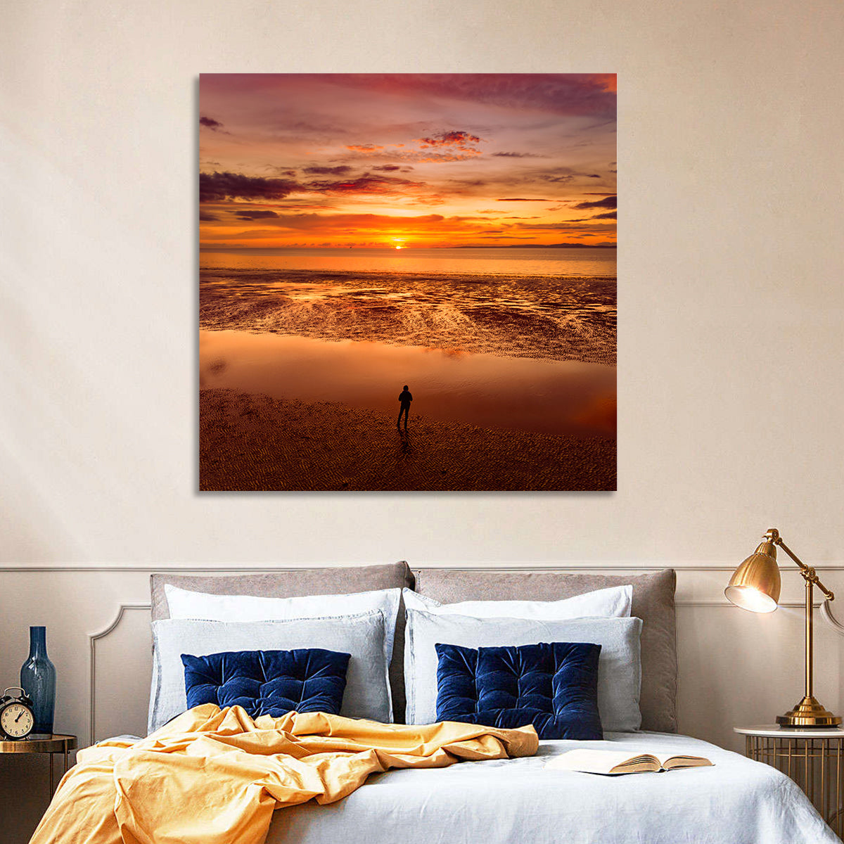 Solitary Figure on Sunset Shore Wall Art in a room, square