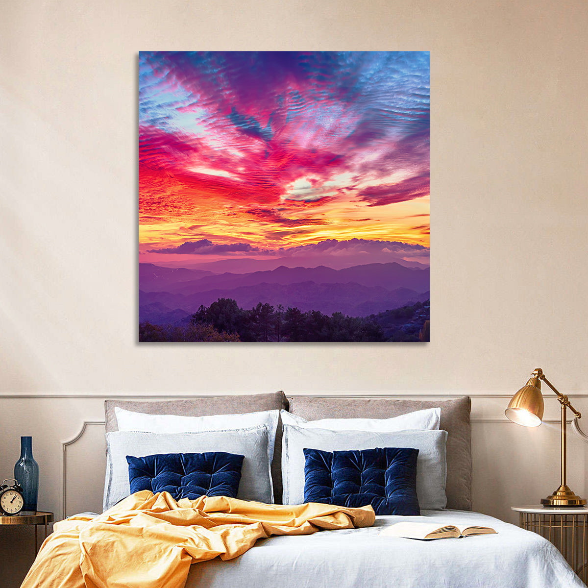 Golden Dusk Cloud Mountains Wall Art in a room, square