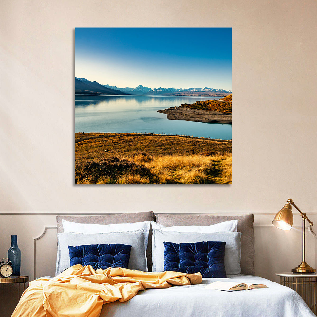 Lake Pukaki Golden Hour with Mount Cook Wall Art in a room, square