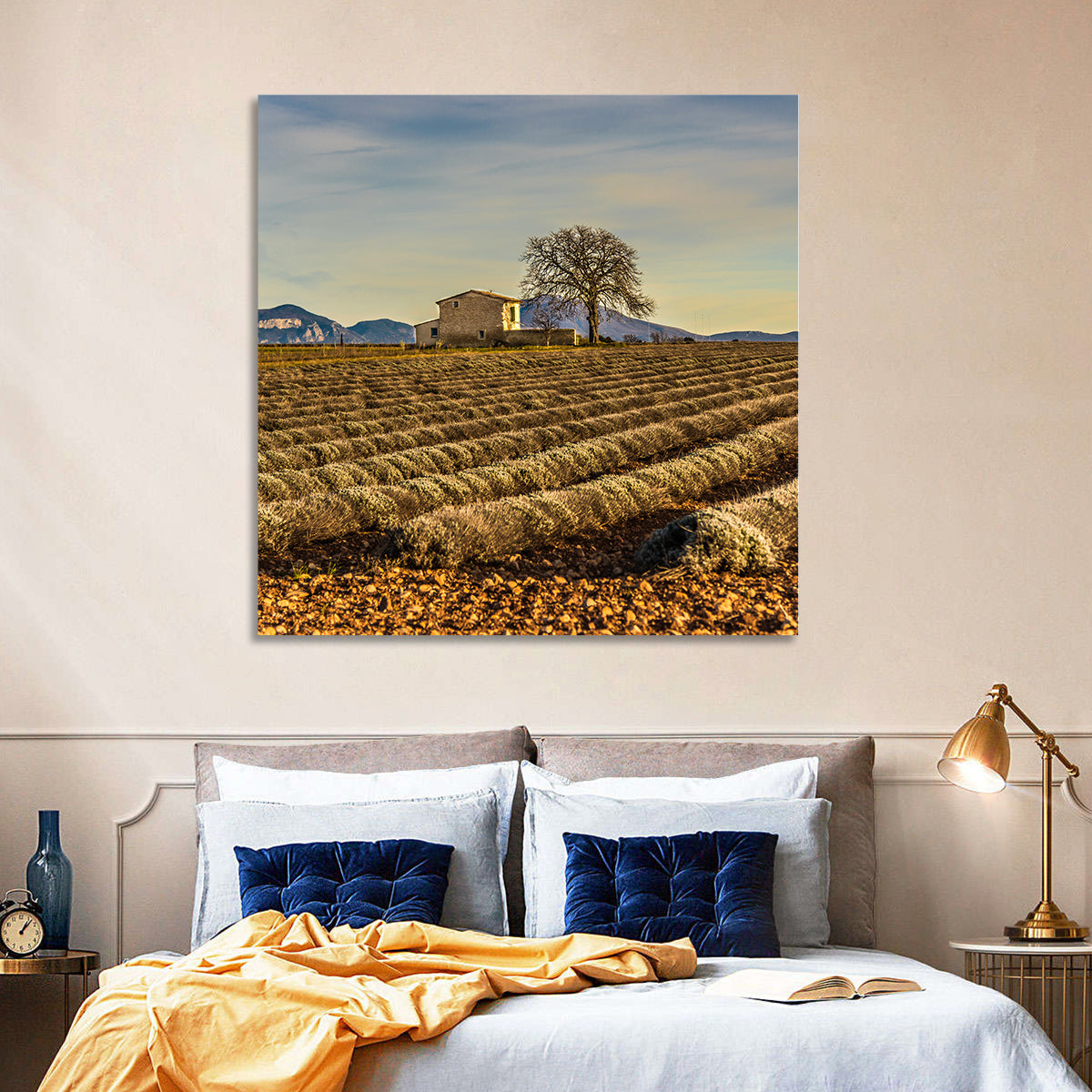 Rustic Provence Lavender Rows at Golden Hour Wall Art in a room, square