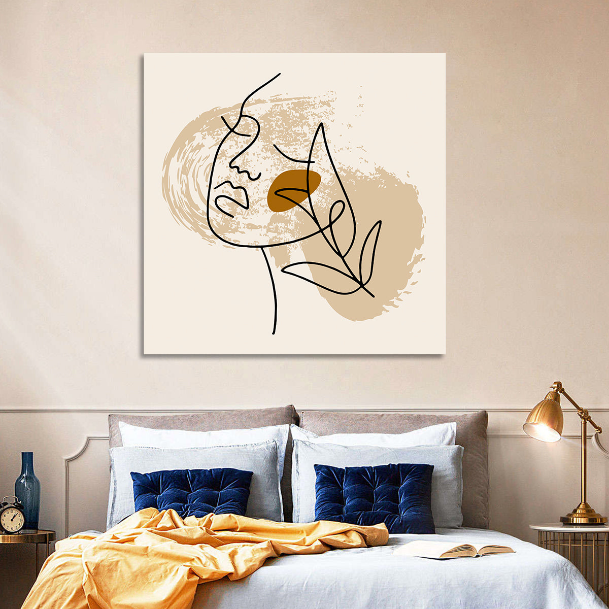Minimalist Woman Line Portrait Wall Art in a room, square