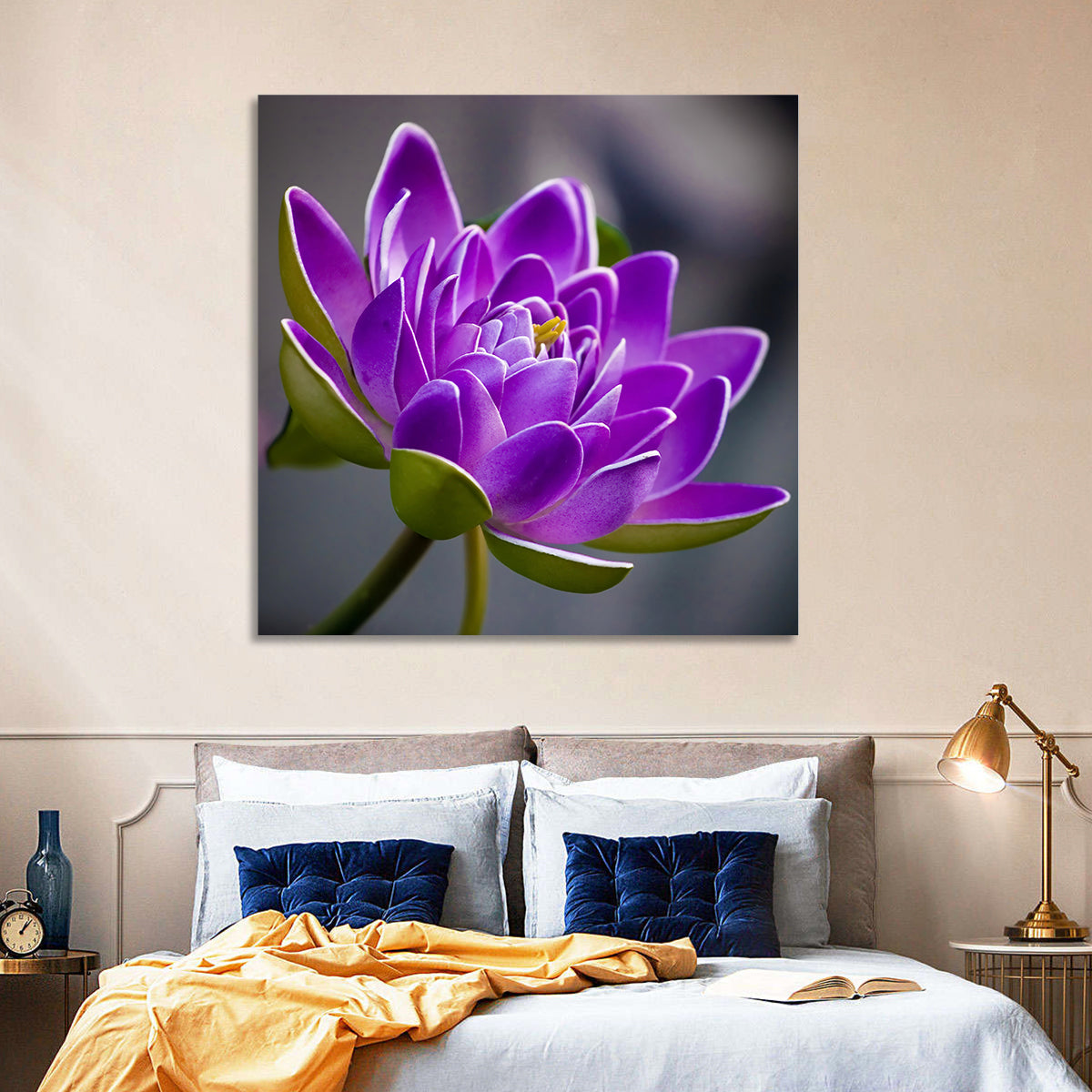 Purple Water Lily Close-up Wall Art in a room, square