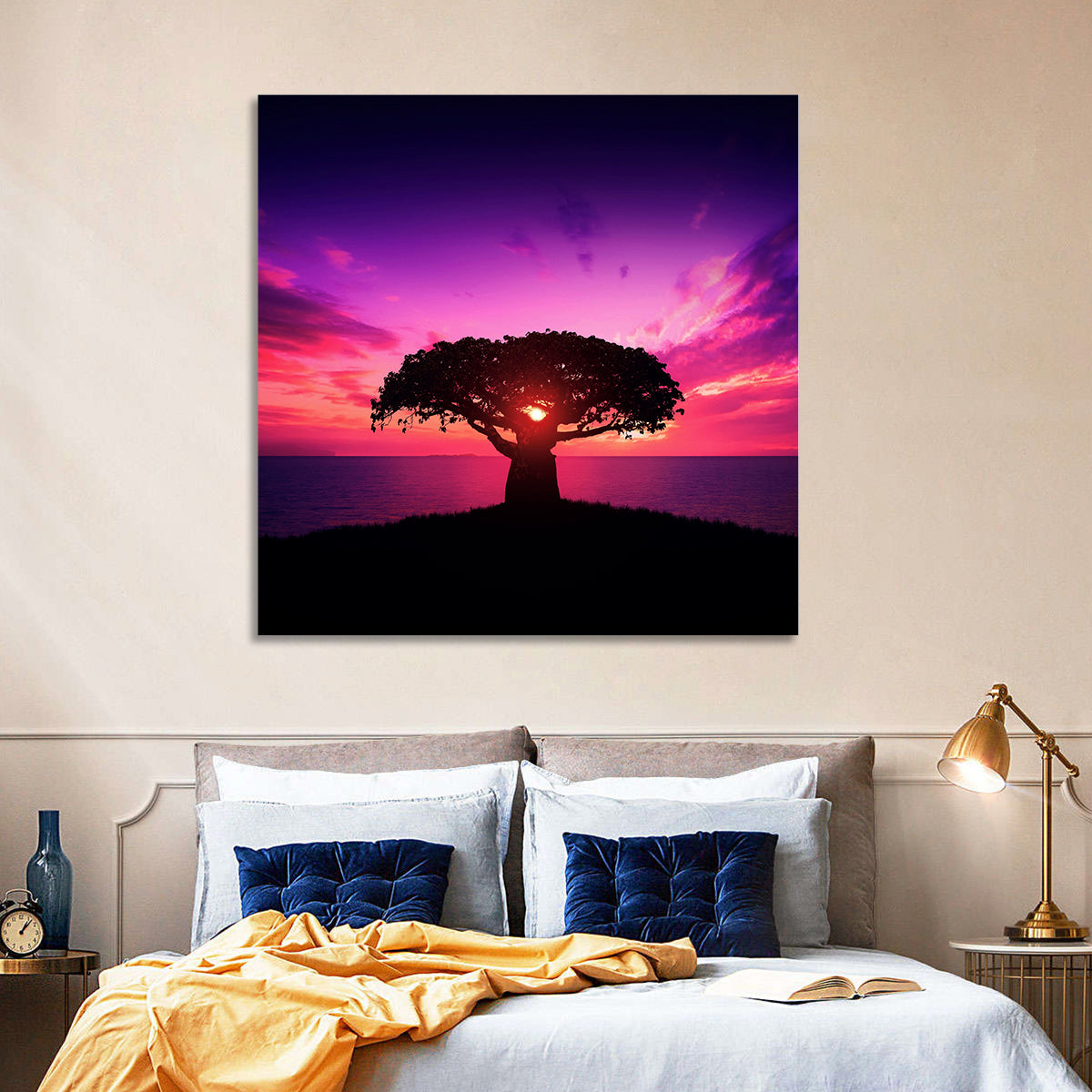 Baobab Sunset Silhouette Wall Art in a room, square