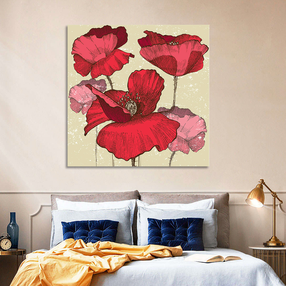 Vintage Poppy Illustration Wall Art in a room, square