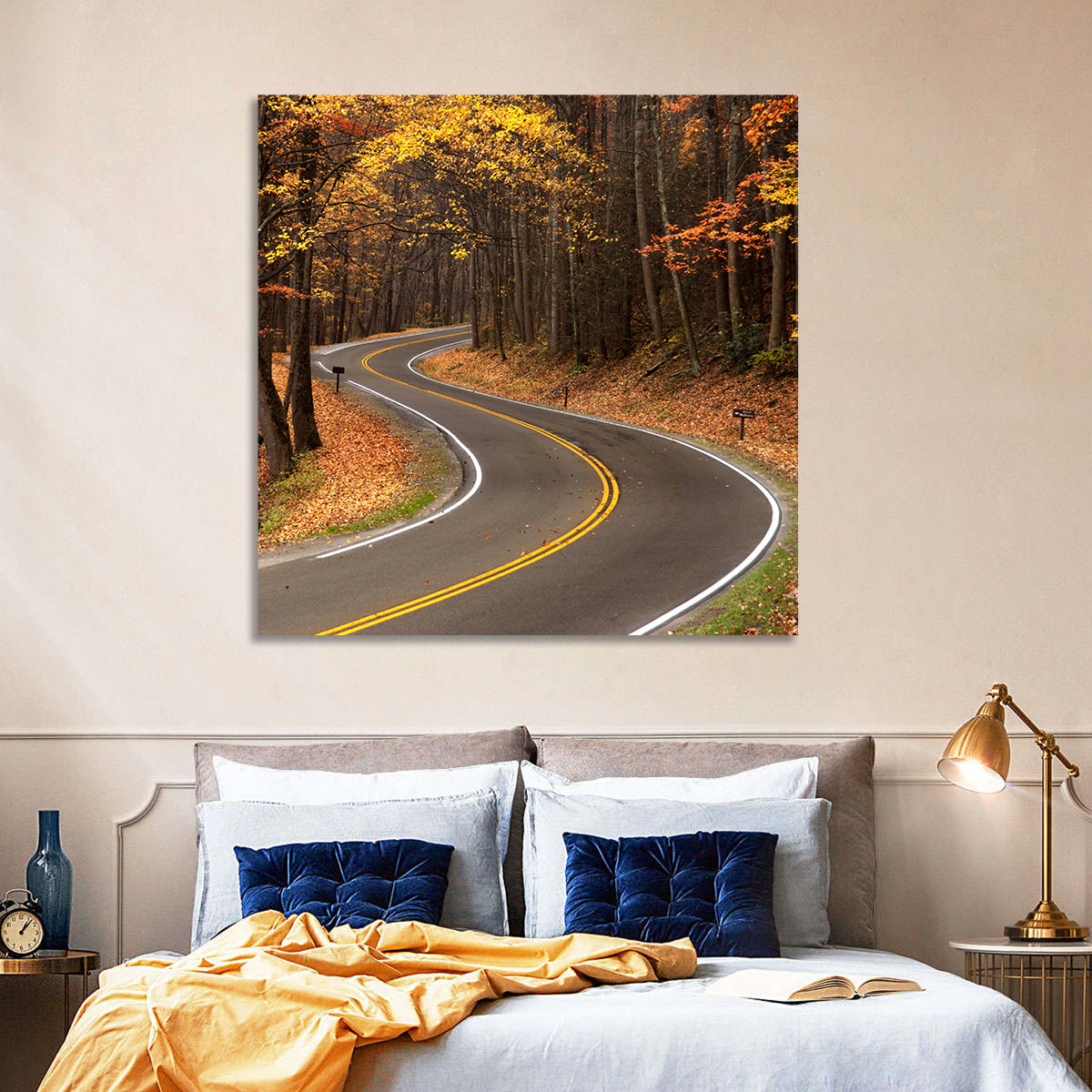 S-curve Road Through Autumn Forest Wall Art in a room, square