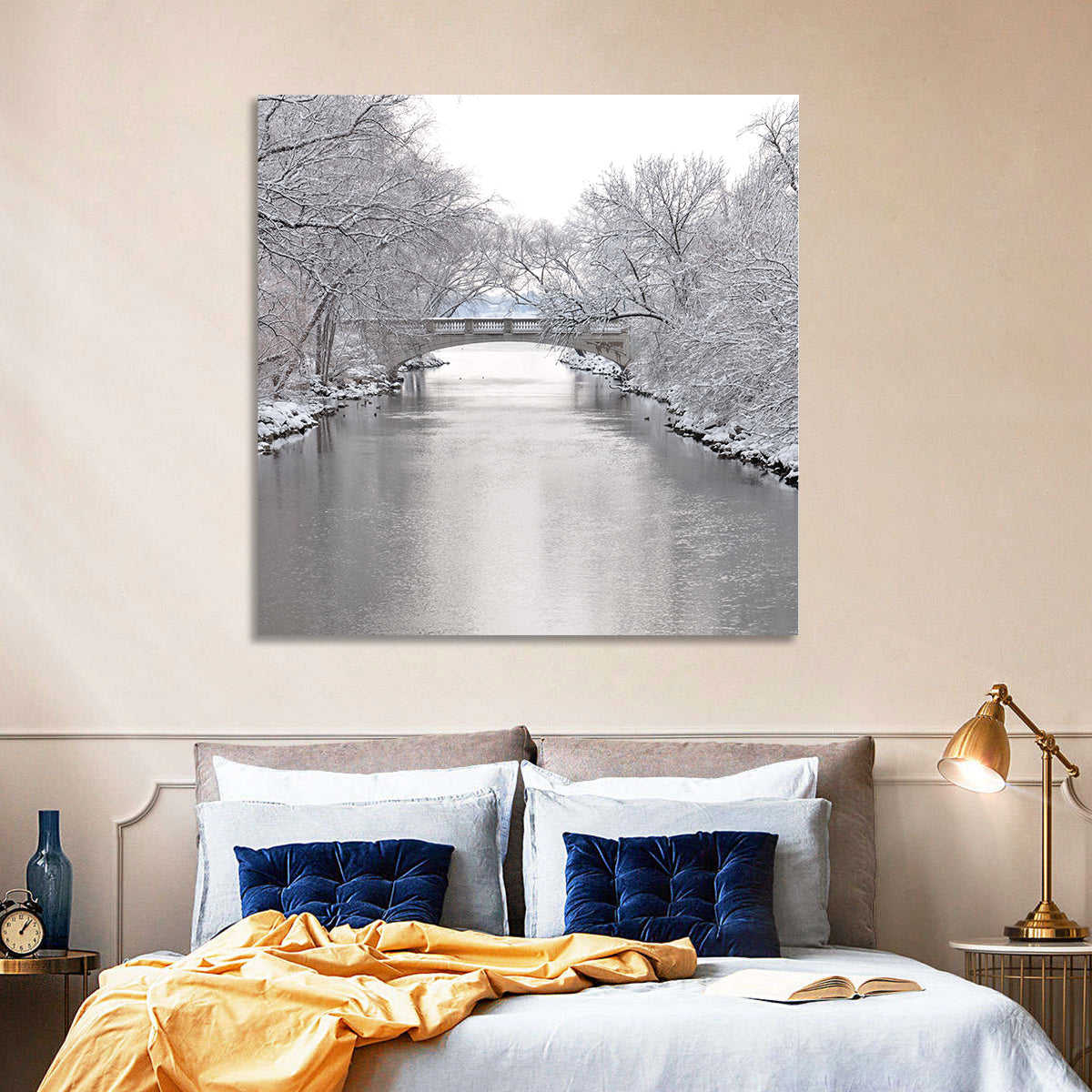 Yahara River Winter Stone Bridge Wall Art in a room, square