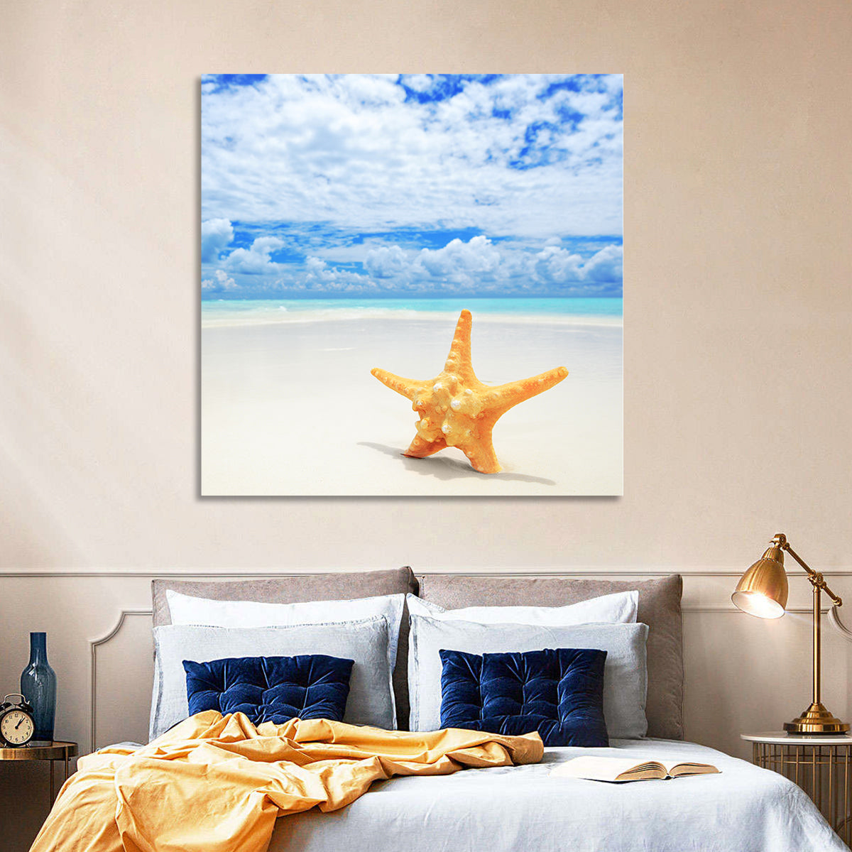 Minimalist Yellow Starfish on Turquoise Shore Wall Art in a room, square