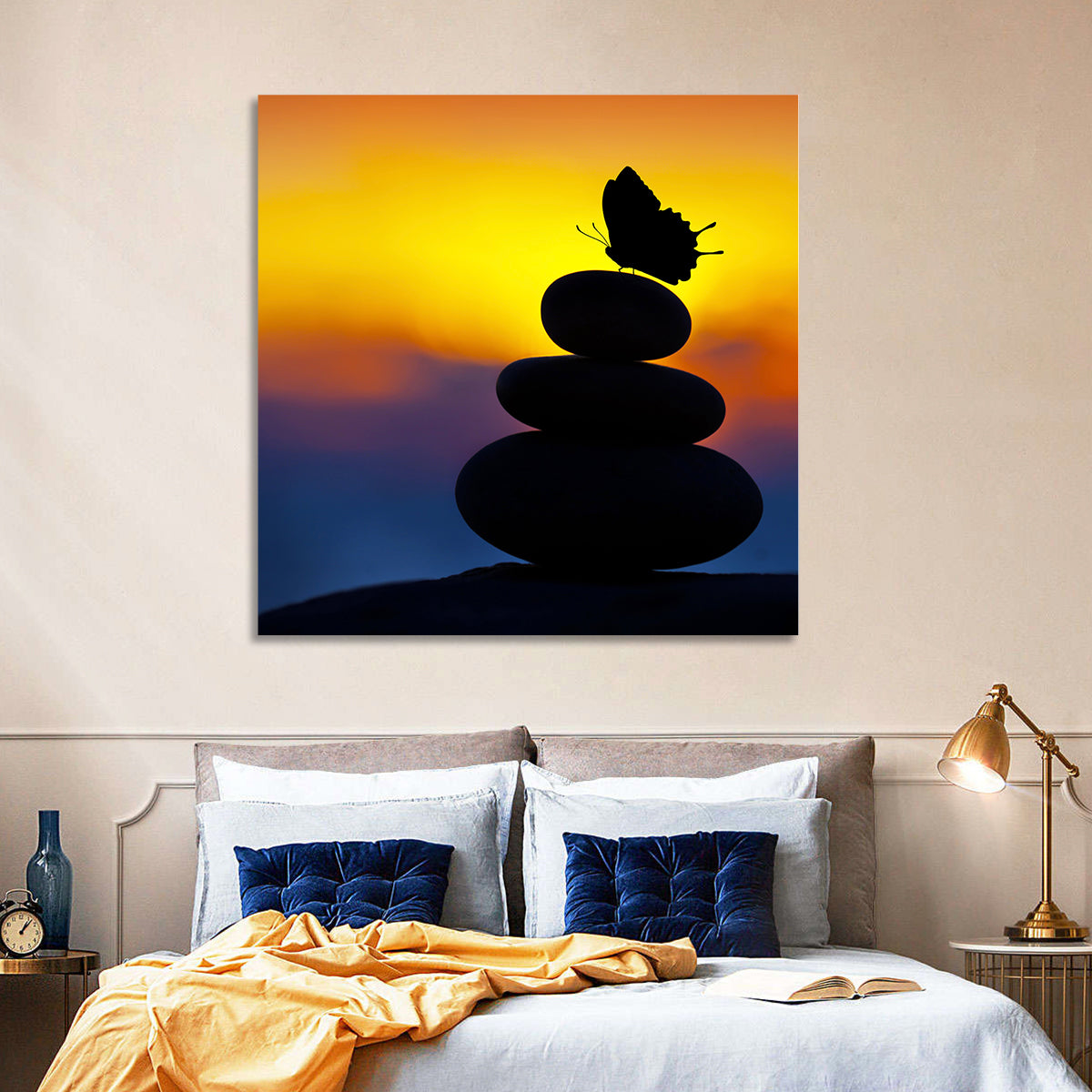 Stacked Spa Stones with Butterfly Wall Art in a room, square