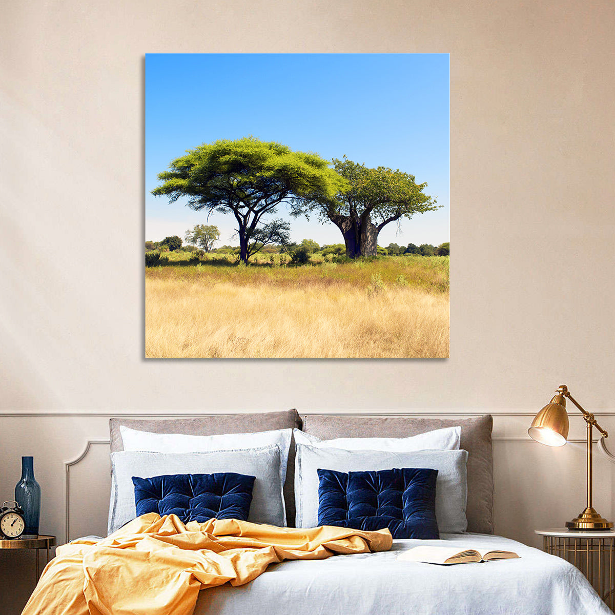 Acacia and Baobab Trees Wall Art in a room, square