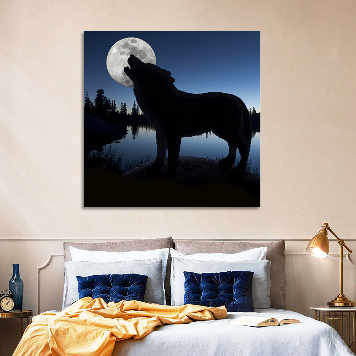 Howling Wolf at Full Moon Wall Art in a room, square