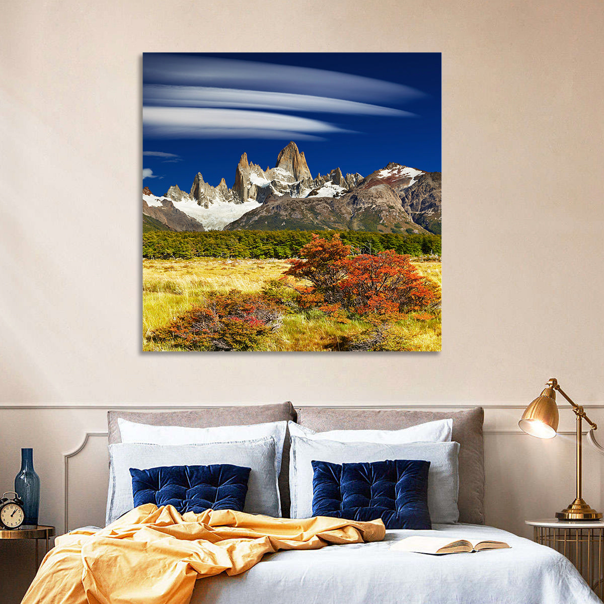 Fitz Roy Peaks, El Chaltén Wall Art in a room, square