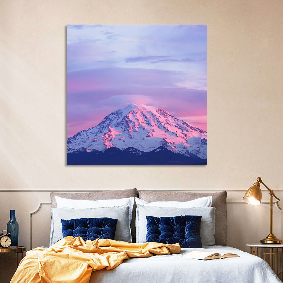 Mount Rainier Alpenglow with Lenticular Cloud Wall Art in a room, square