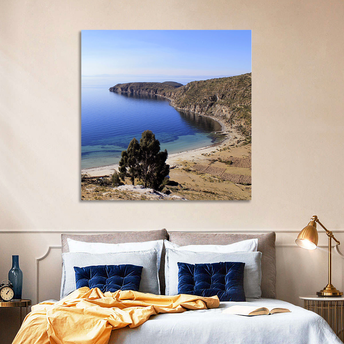 Titicaca Cliffs and Turquoise Water Wall Art in a room, square