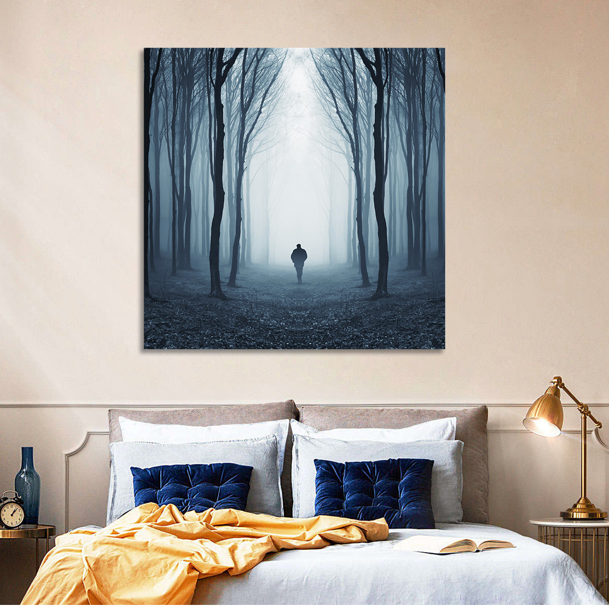Lone Figure in Misty Forest Wall Art in a room, square