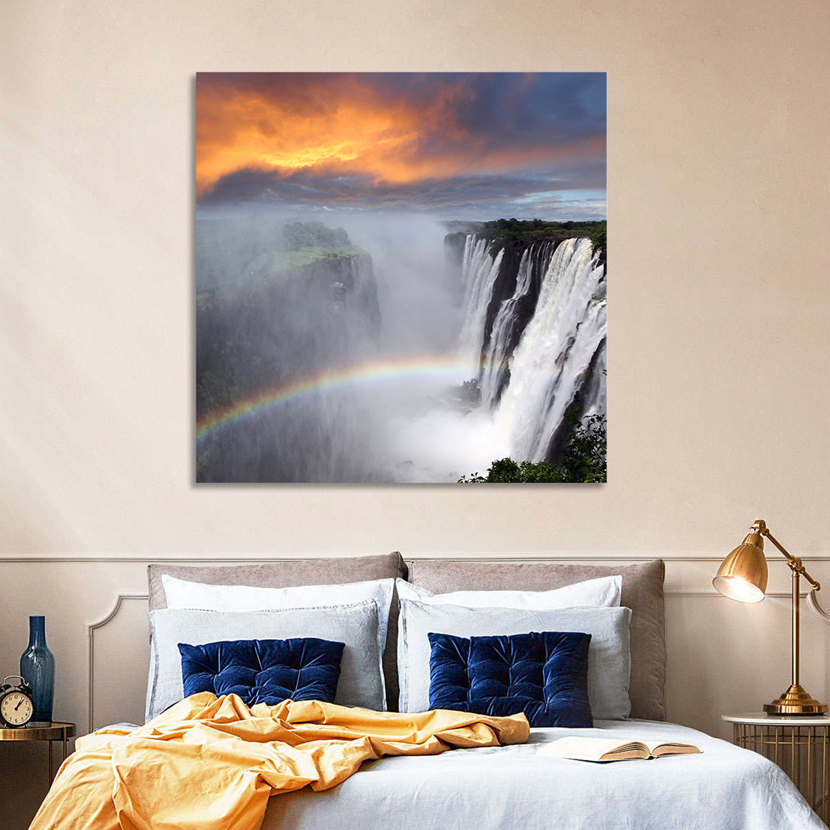 Victoria Falls Rainbow at Dusk Wall Art in a room, square