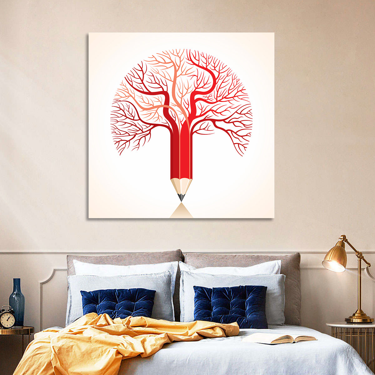 Knowledge Tree Pencil Illustration Wall Art in a room, square