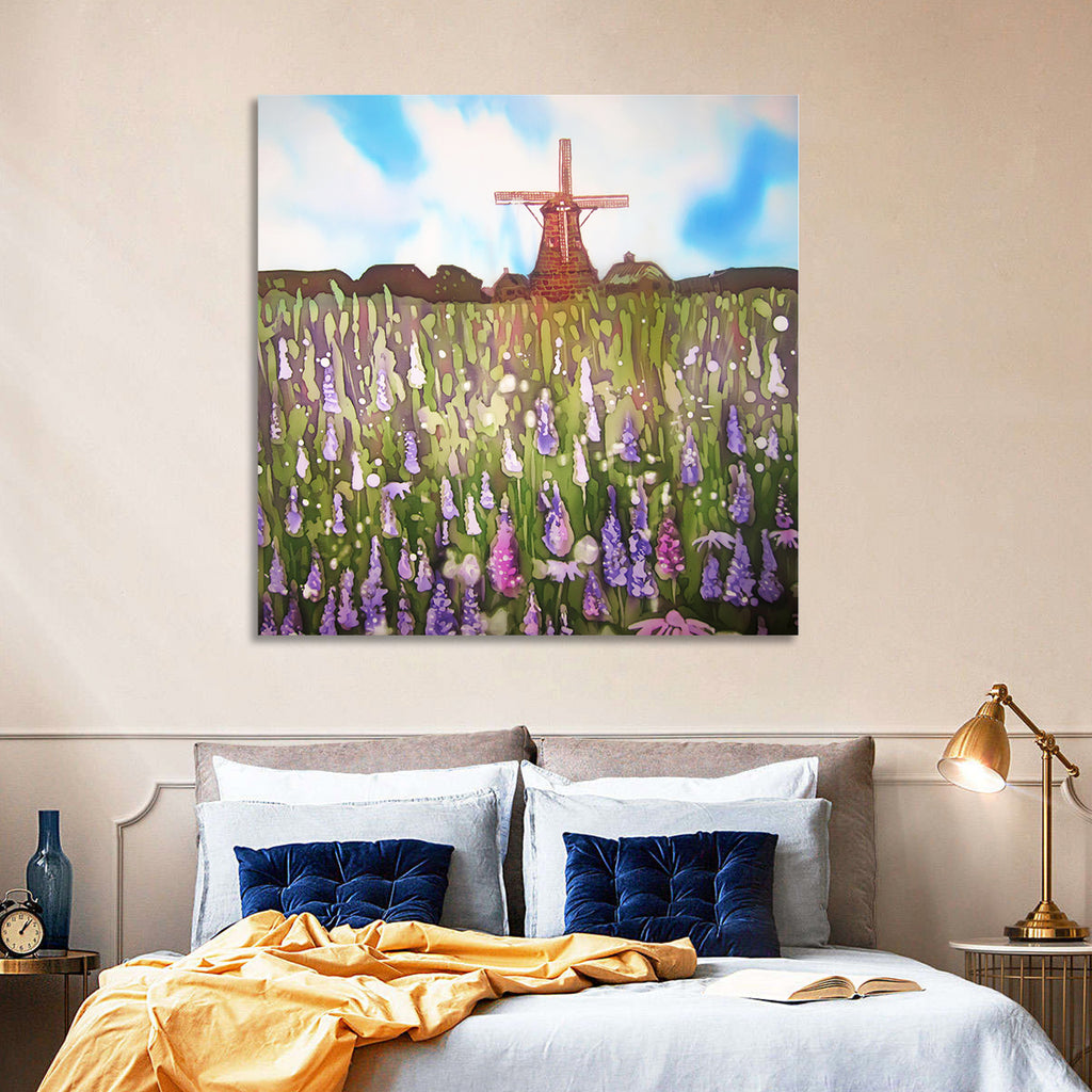 Ink Wash Windmill in Blooming Field Wall Art