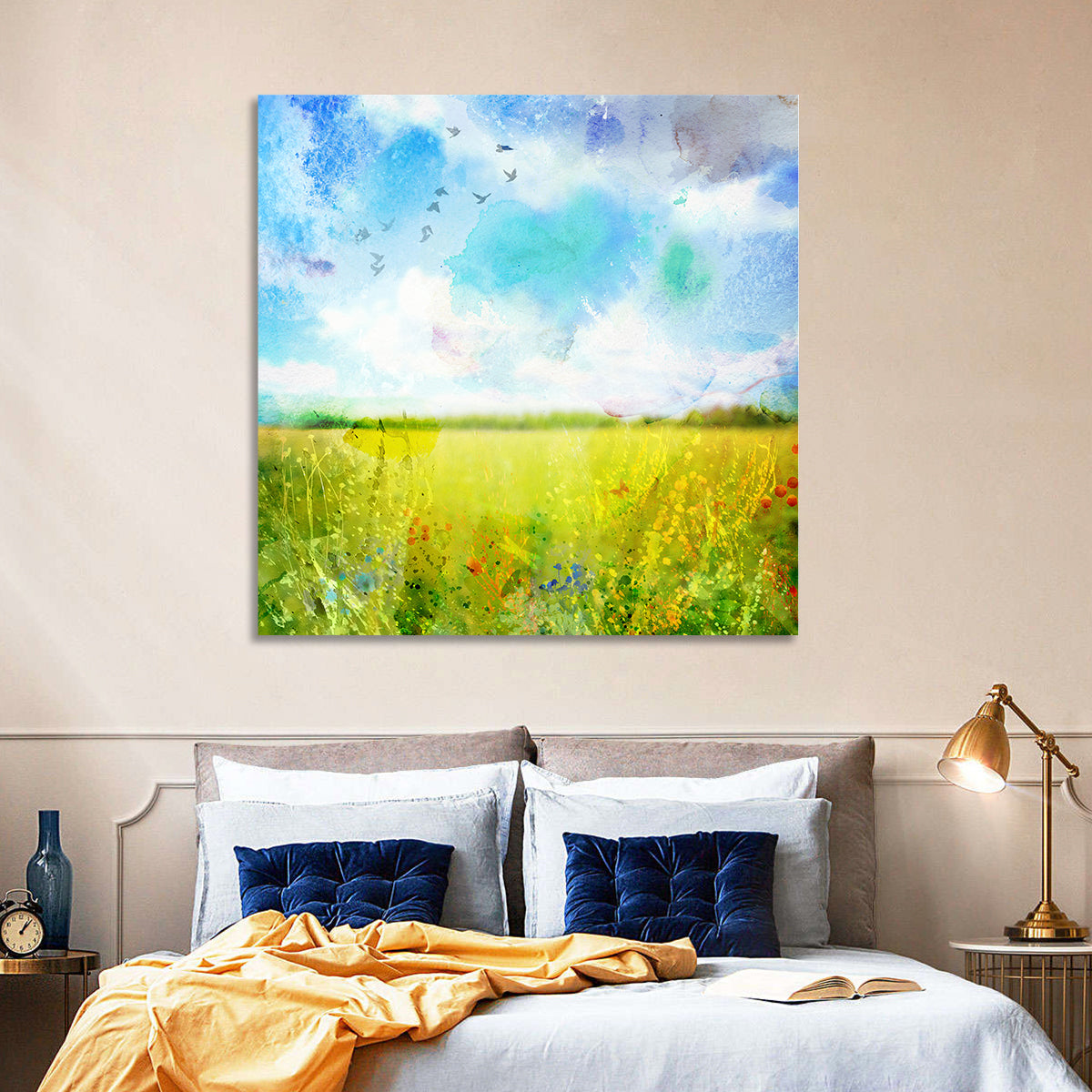 Watercolor Wildflower Field Wall Art in a room, square